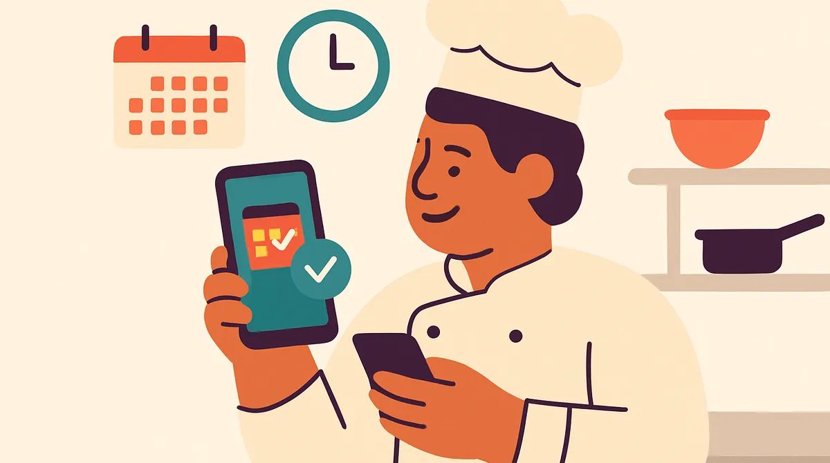 Un cocinero reserva una cita en su teléfono durante un descanso en la cocina, con un calendario y un reloj al lado.