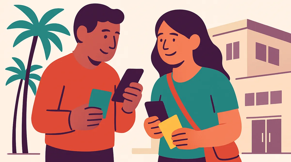 Dos personas revisan su cita en el teléfono frente a una oficina con palmeras, con sus documentos en la mano.