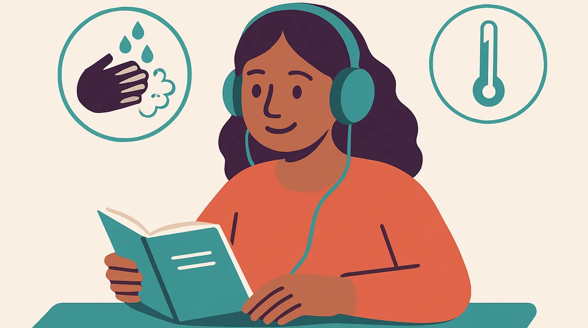 Una mujer estudia con un cuadernillo y audífonos, rodeada de dibujos de lavado de manos y un termómetro.