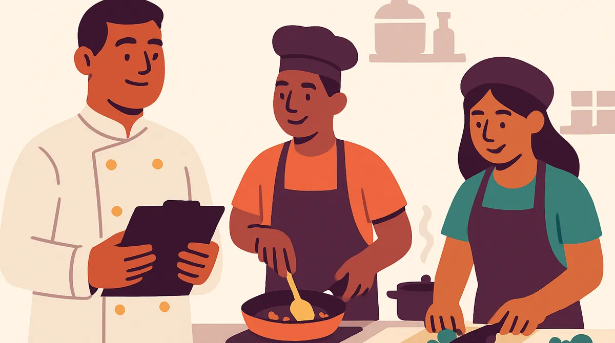 Una gerente de cocina con una tabla supervisa a dos cocineros en una cocina limpia.