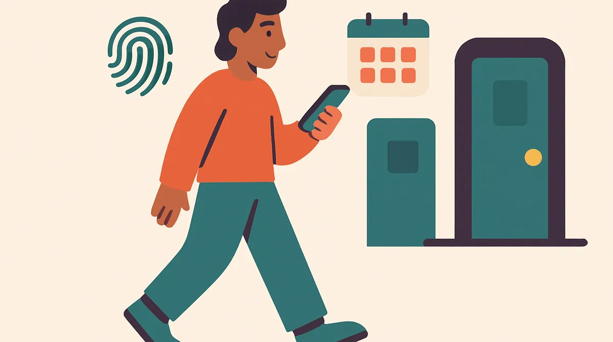 Una persona revisa su cita en el teléfono camino a una oficina, con una huella digital y un calendario cerca.