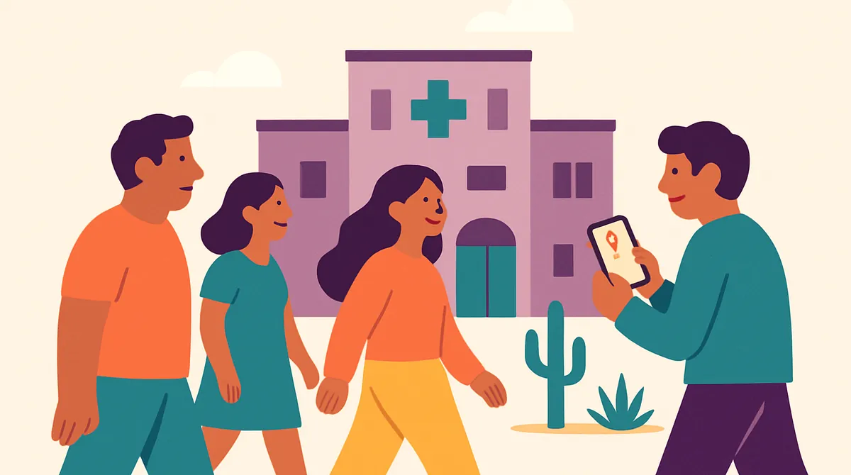 Personas caminan hacia una oficina de salud con plantas del desierto, mientras una revisa un mapa en el teléfono.
