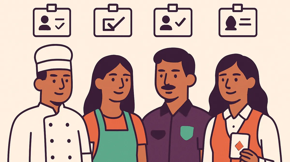 Un cocinero, una mesera, un guardia y un crupier en fila, cada uno con una tarjeta y una marca de verificación.