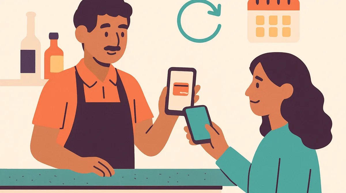 Un bartender renueva su tarjeta en el teléfono detrás de la barra, con una flecha circular y un calendario.
