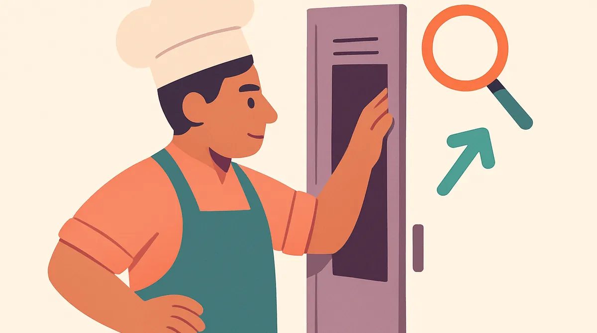 Un cocinero busca algo en su casillero con decisión, con una lupa y una flecha hacia arriba cerca.