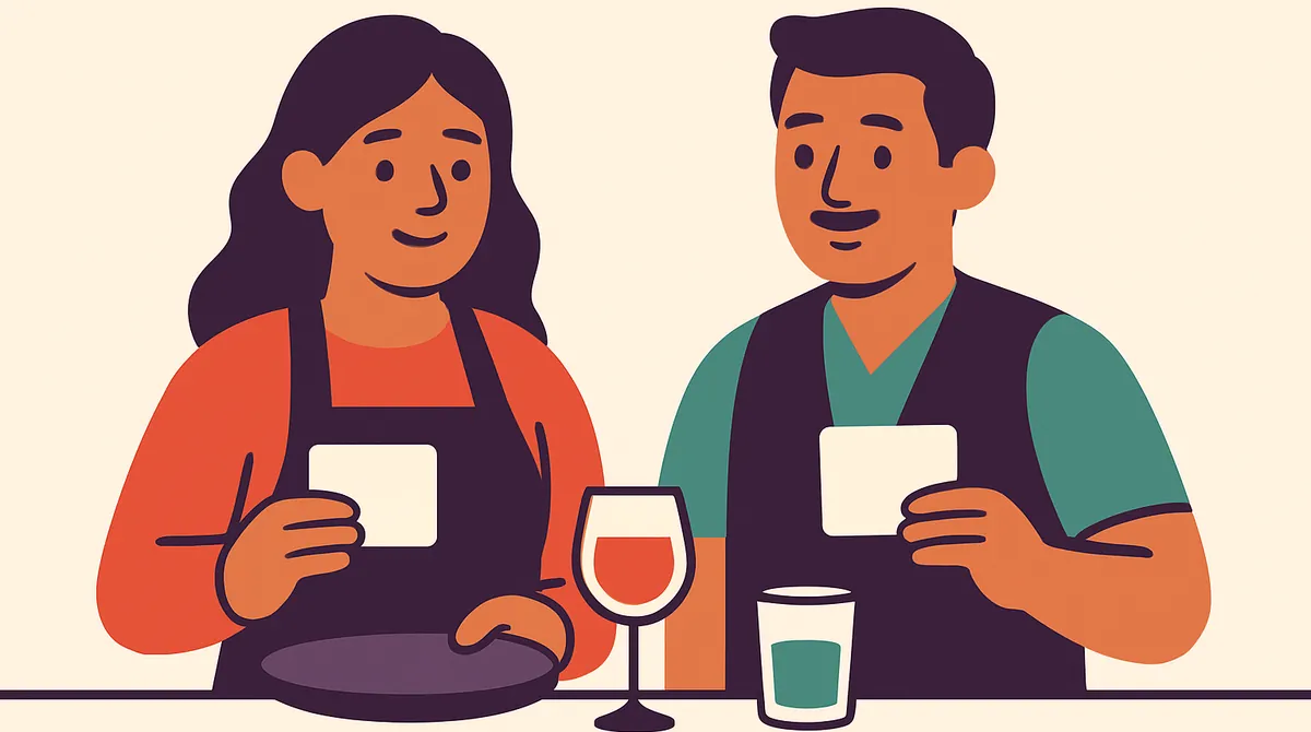 Una mesera y un bartender muestran tarjetas en blanco detrás de una barra con vasos y una bandeja.