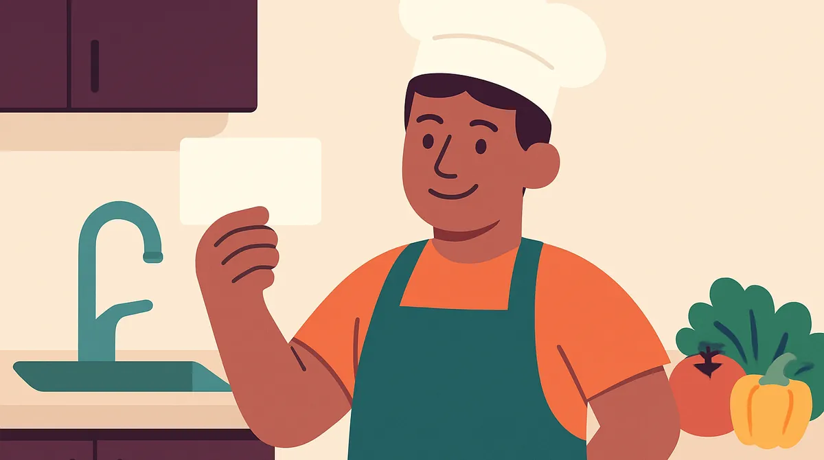 Un cocinero sonriente muestra una tarjeta en blanco en una cocina, junto a un lavamanos y verduras frescas.