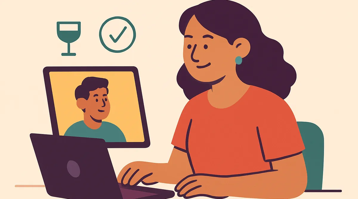 Una mujer toma un curso en línea en su laptop, con un vaso y una marca de verificación al lado.