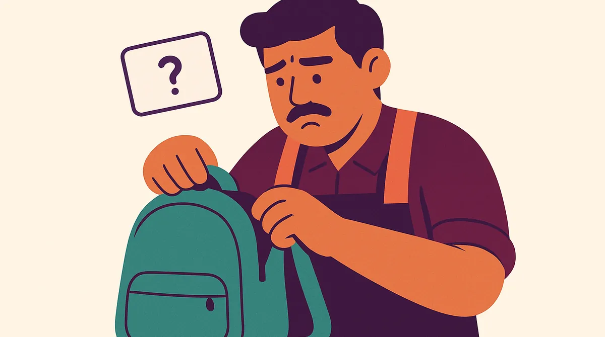 Un bartender preocupado busca en su mochila, con la silueta de una tarjeta y un signo de pregunta.