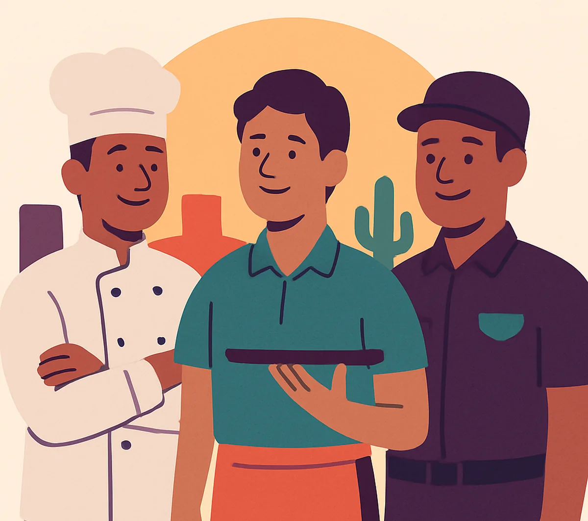 Un cocinero, una mesera con una bandeja y un guardia de seguridad sonríen juntos con el atardecer del desierto y la ciudad al fondo.